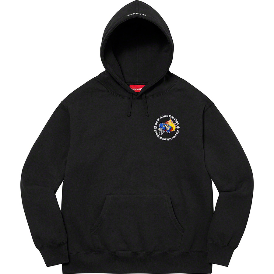 Details on Duck Down Records Hooded Sweatshirt Black from fall winter 2022 (Price is $178)