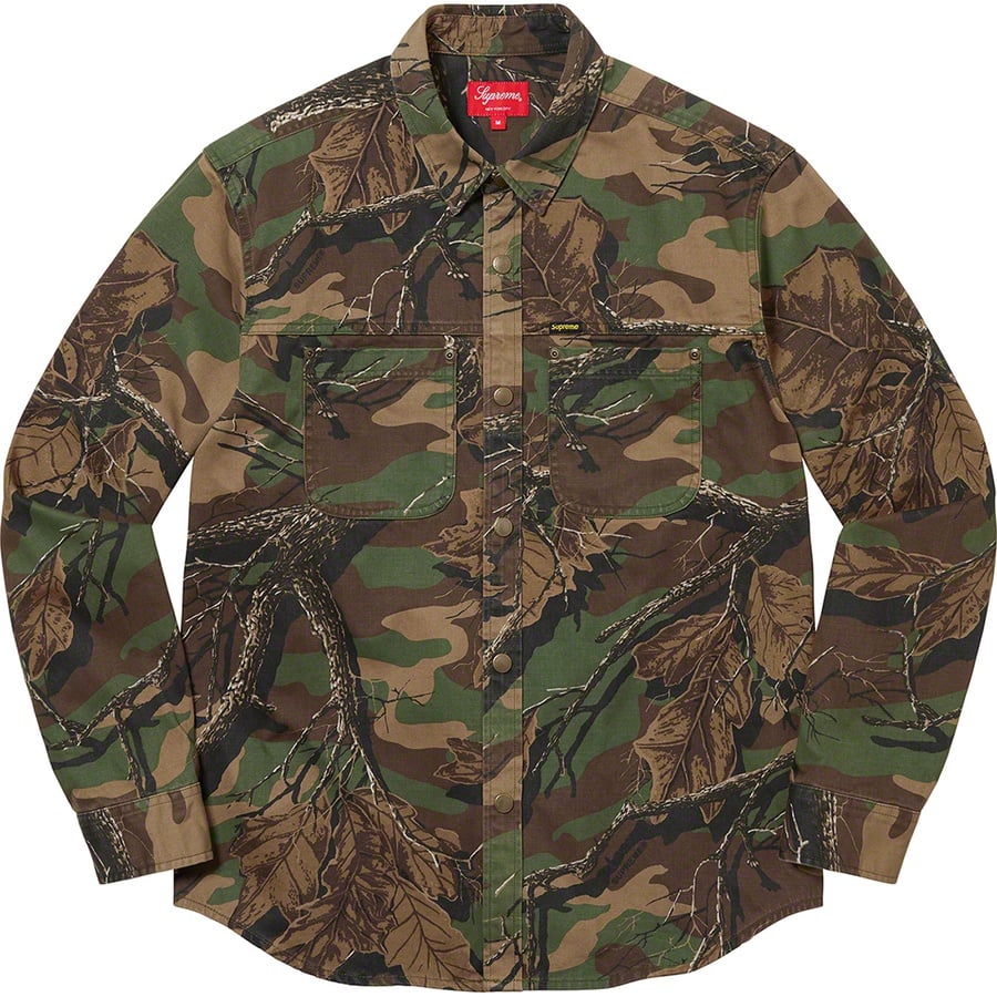 Details on Snap Work Shirt Branch Woodland Camo from fall winter 2022 (Price is $138)