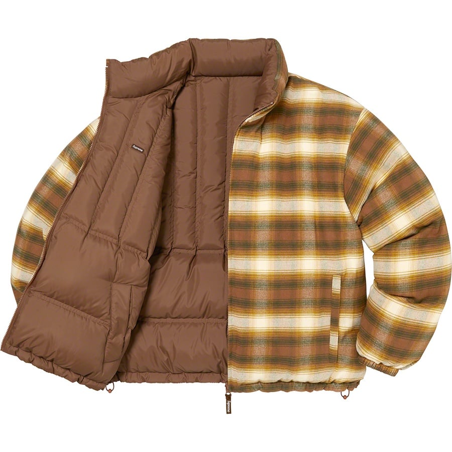 Details on Flannel Reversible Puffer Jacket Brown from fall winter
                                                    2022 (Price is $298)