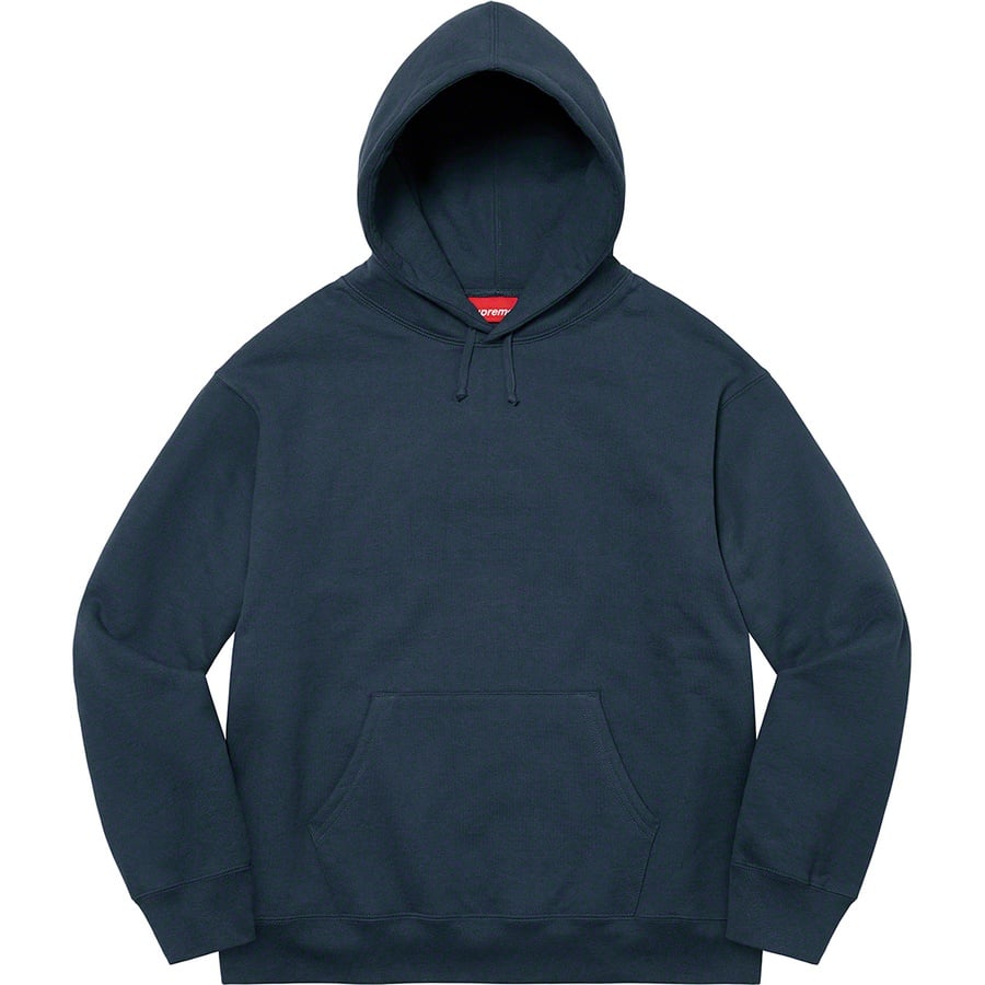Details on Satin Appliqué Hooded Sweatshirt Navy from fall winter 2022 (Price is $158)
