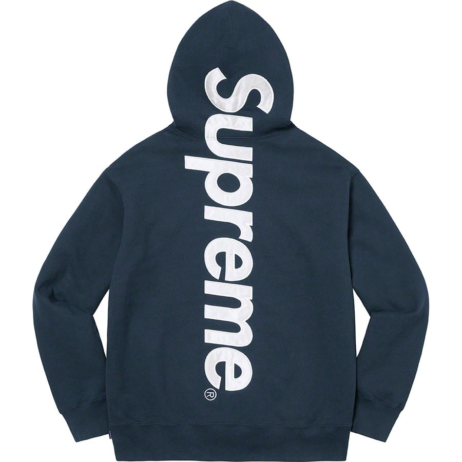Details on Satin Appliqué Hooded Sweatshirt Navy from fall winter 2022 (Price is $158)