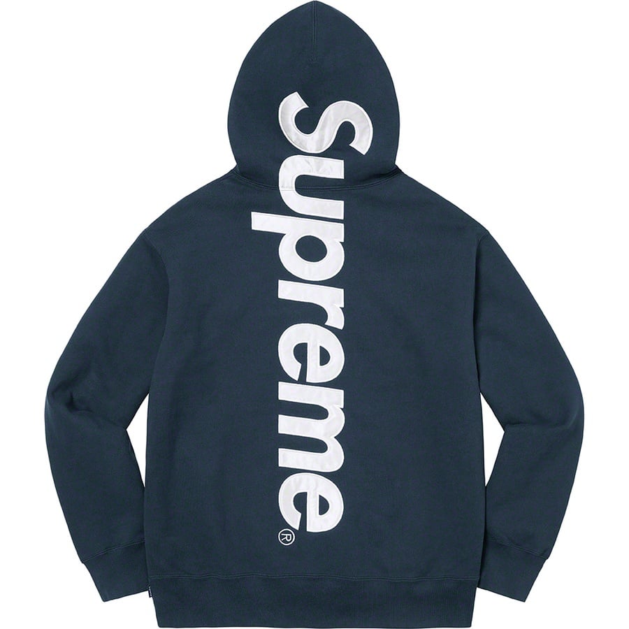 Details on Satin Appliqué Hooded Sweatshirt Navy from fall winter
                                                    2022 (Price is $158)