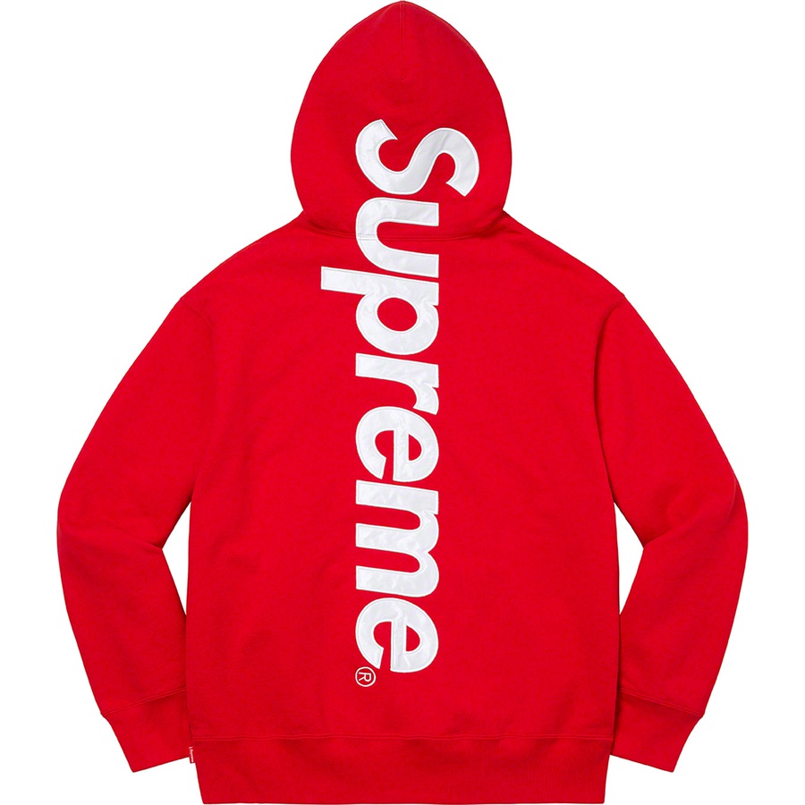 Details on Satin Appliqué Hooded Sweatshirt Red from fall winter 2022 (Price is $158)