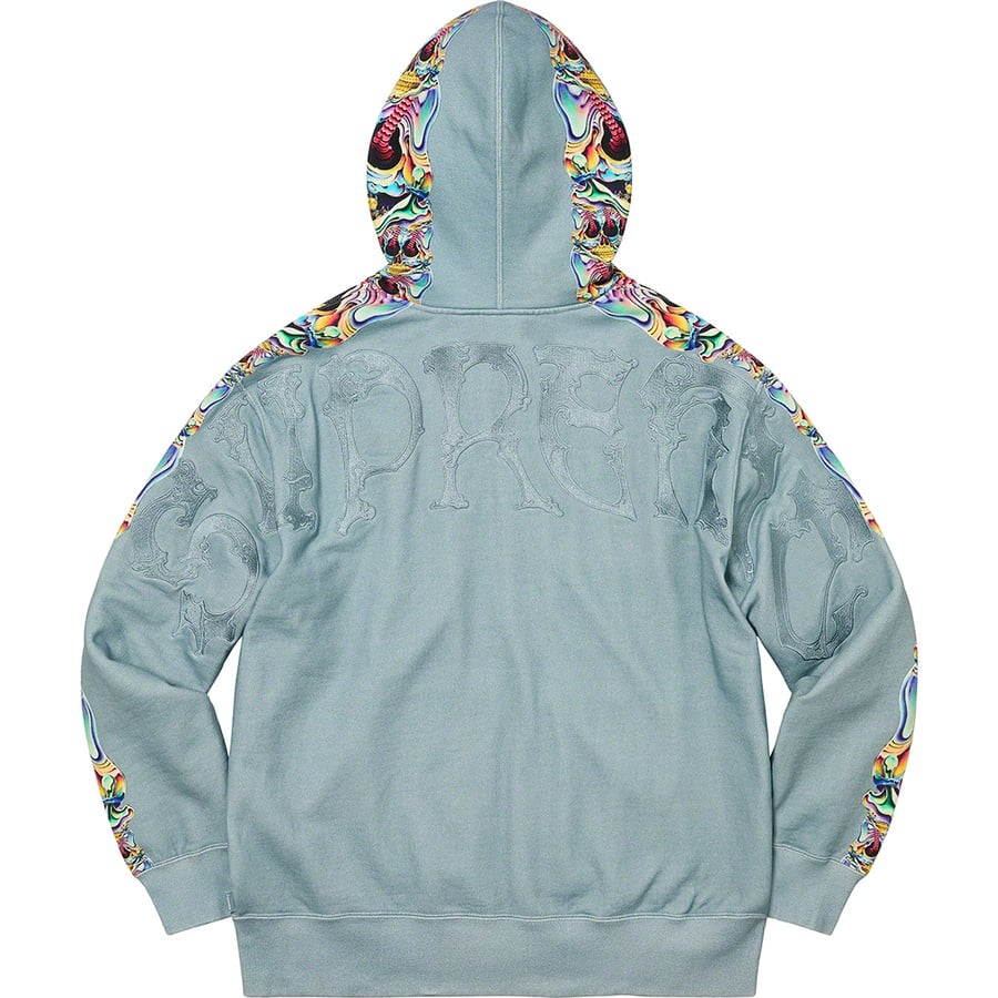 Details on Skulls Zip Up Hooded Sweatshirt Light Slate from fall winter 2022 (Price is $188)