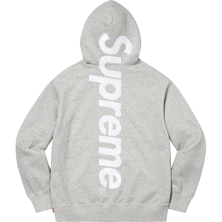 Details on Satin Appliqué Hooded Sweatshirt Heather Grey from fall winter 2022 (Price is $158)