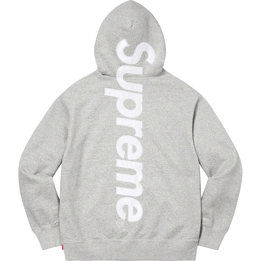 Details on Satin Appliqué Hooded Sweatshirt Heather Grey from fall winter
                                                    2022 (Price is $158)