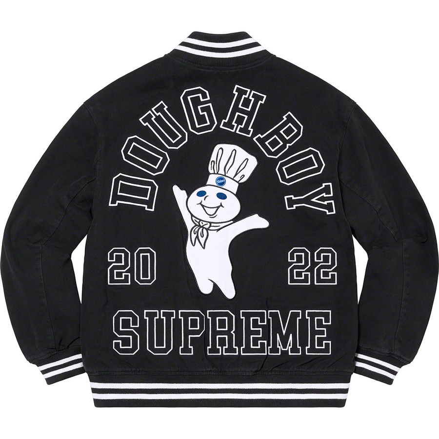 Details on Supreme Mitchell & Ness Doughboy Twill Varsity Jacket Black from fall winter 2022 (Price is $368)