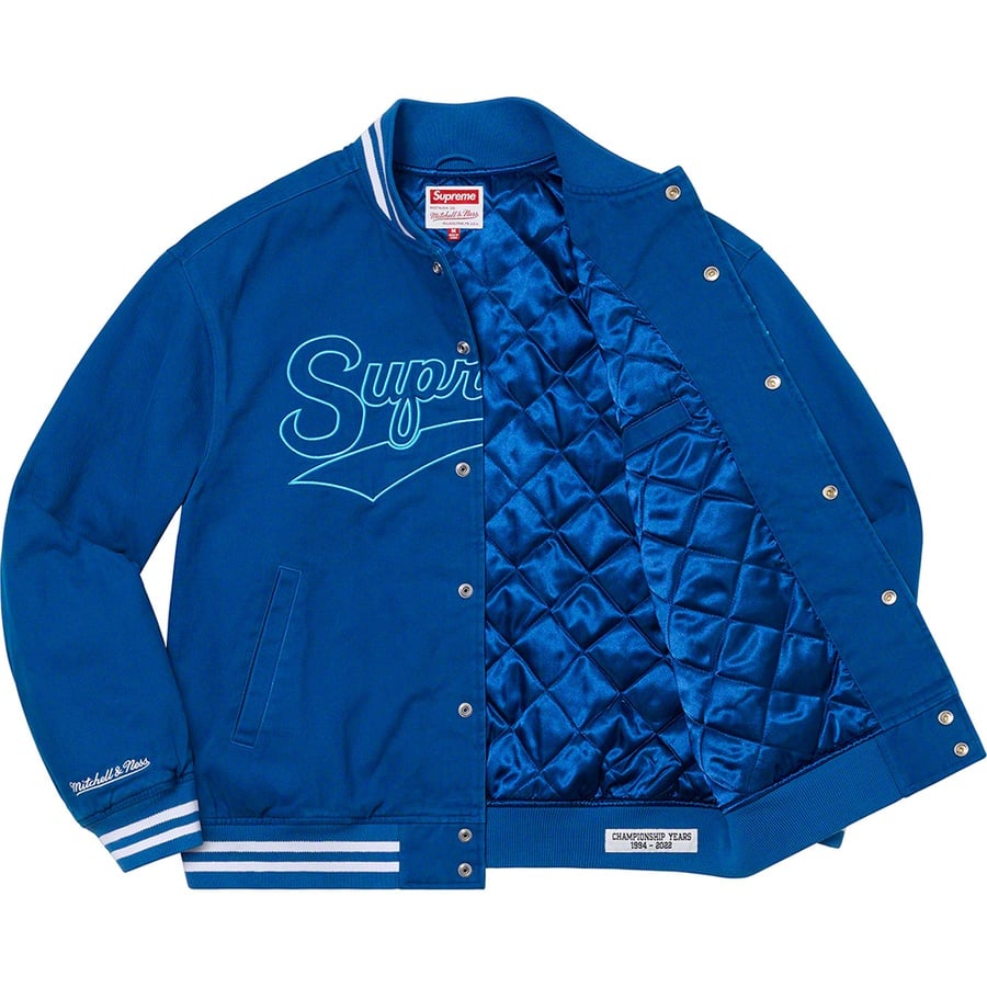 Details on Supreme Mitchell & Ness Doughboy Twill Varsity Jacket Blue from fall winter
                                                    2022 (Price is $368)