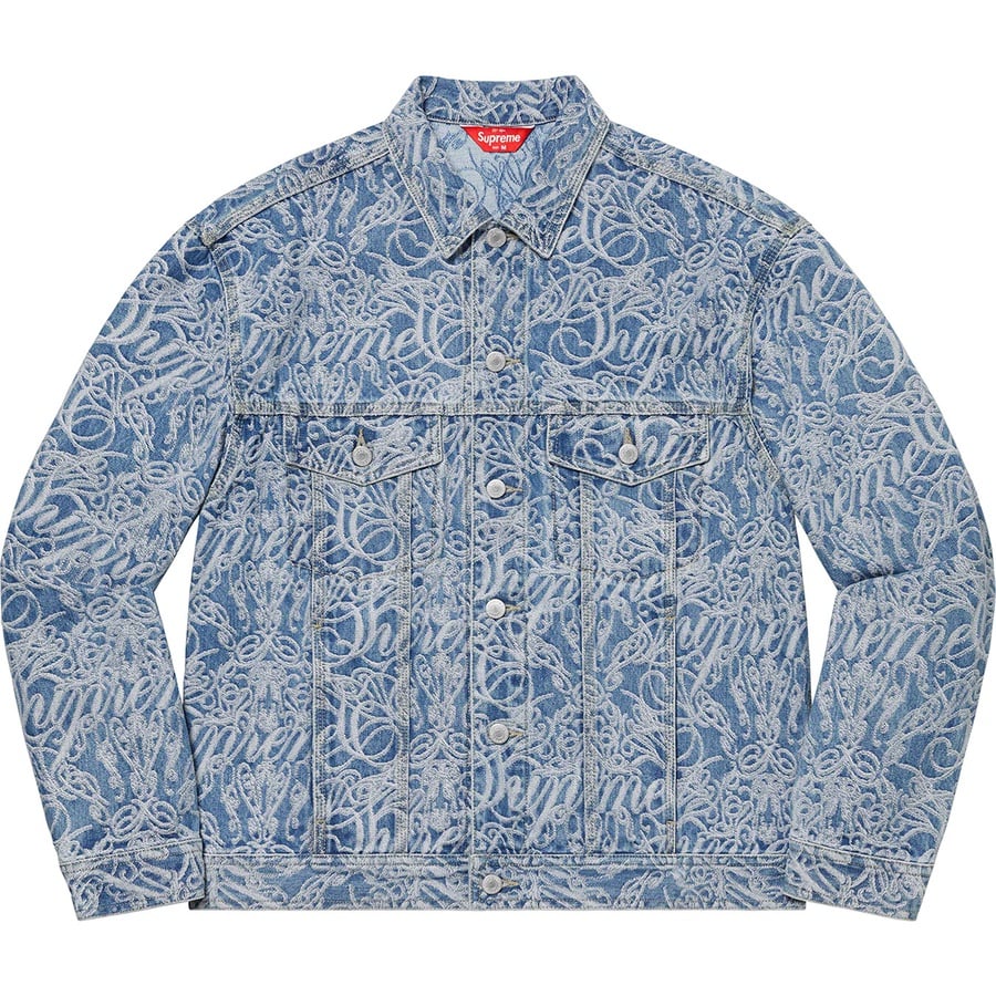 Details on Script Jacquard Denim Trucker Jacket Washed Blue from fall winter 2022 (Price is $268)