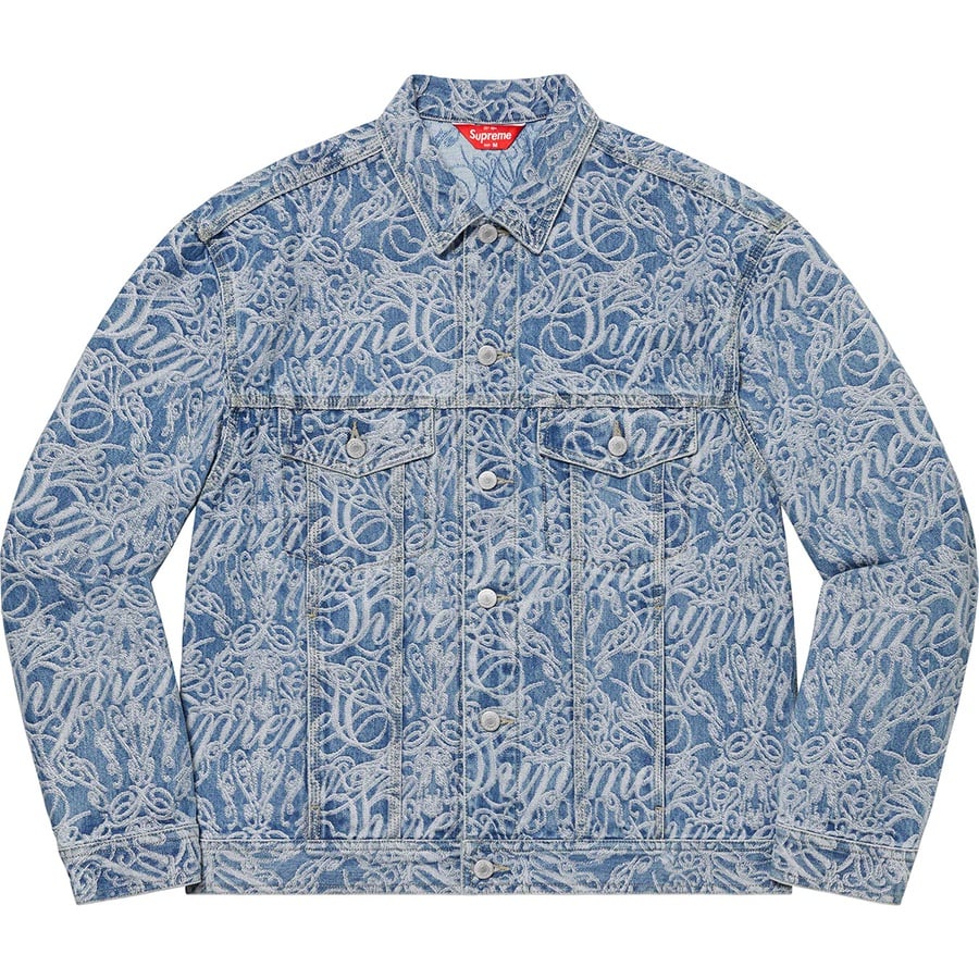 Details on Script Jacquard Denim Trucker Jacket Washed Blue from fall winter
                                                    2022 (Price is $268)