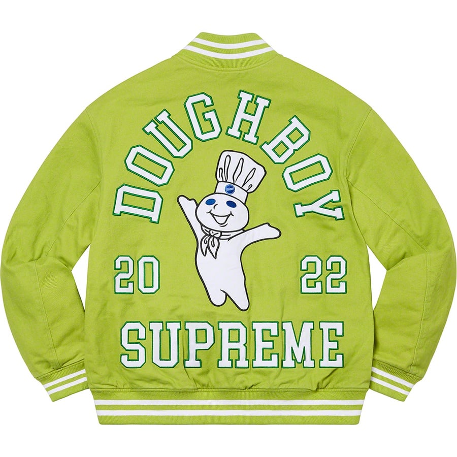 Details on Supreme Mitchell & Ness Doughboy Twill Varsity Jacket Green from fall winter 2022 (Price is $368)