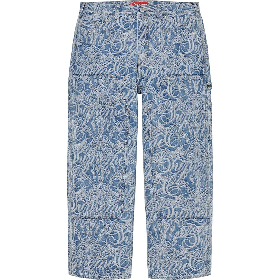 Details on Script Jacquard Double Knee Denim Painter Pant Washed Blue from fall winter
                                                    2022 (Price is $188)