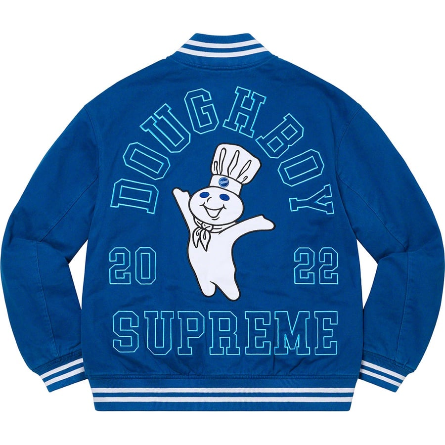 Details on Supreme Mitchell & Ness Doughboy Twill Varsity Jacket Blue from fall winter 2022 (Price is $368)