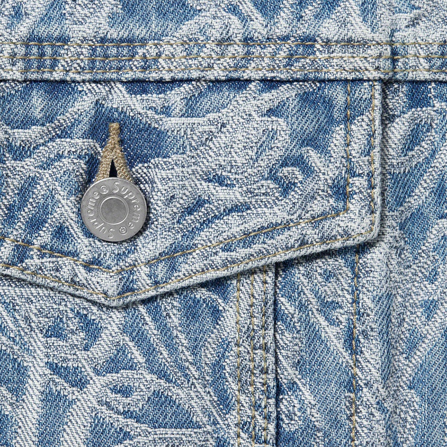 Details on Script Jacquard Denim Trucker Jacket Washed Blue from fall winter
                                                    2022 (Price is $268)