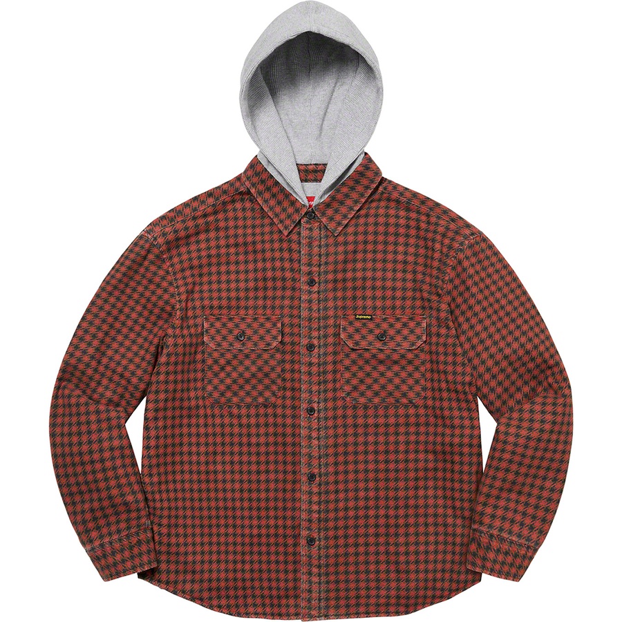 Details on Houndstooth Flannel Hooded Shirt Red from fall winter 2022 (Price is $148)