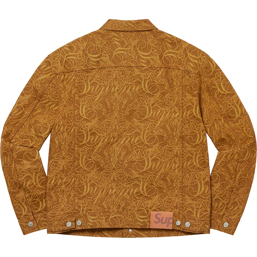 Details on Script Jacquard Denim Trucker Jacket Brown from fall winter 2022 (Price is $268)