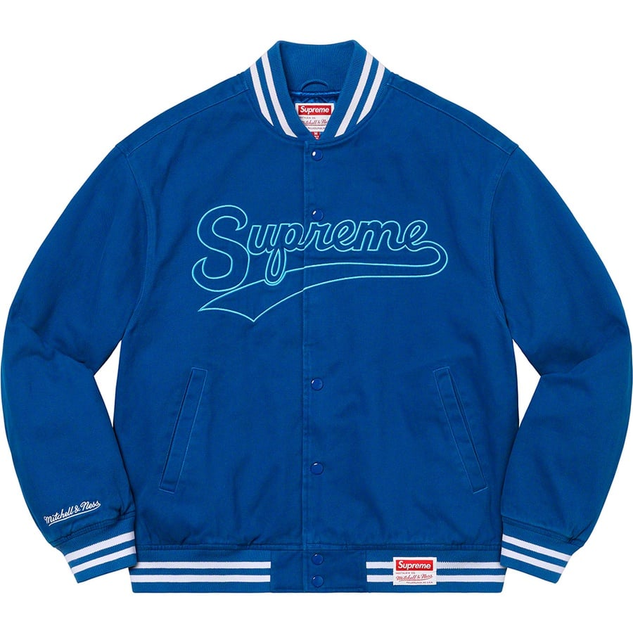 Details on Supreme Mitchell & Ness Doughboy Twill Varsity Jacket Blue from fall winter
                                                    2022 (Price is $368)