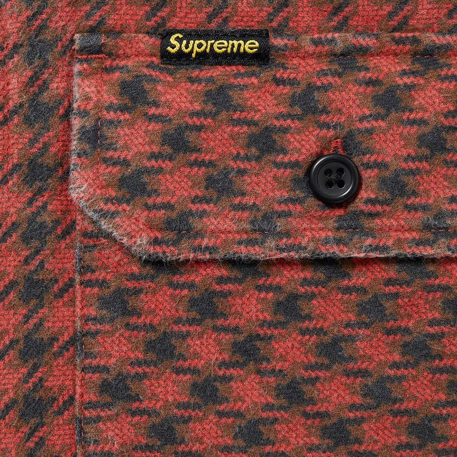 Details on Houndstooth Flannel Hooded Shirt Red from fall winter 2022 (Price is $148)