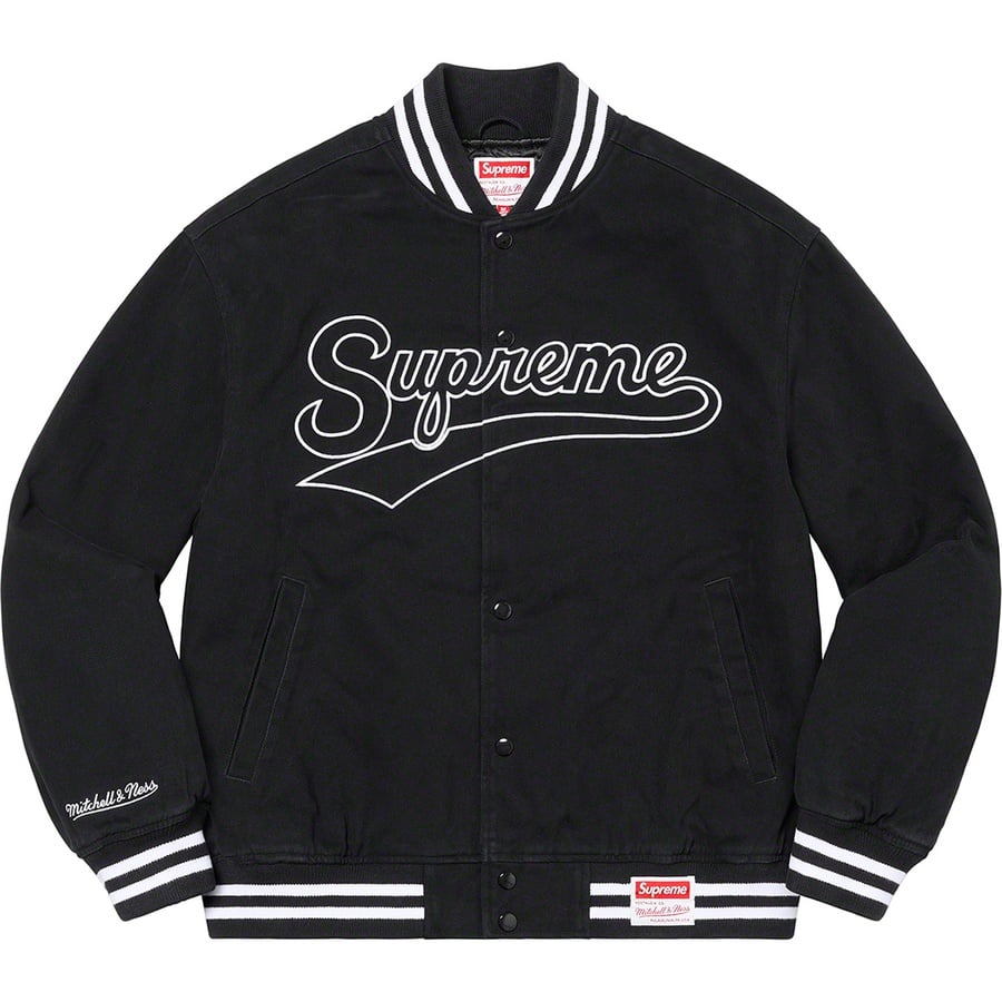 Details on Supreme Mitchell & Ness Doughboy Twill Varsity Jacket Black from fall winter 2022 (Price is $368)