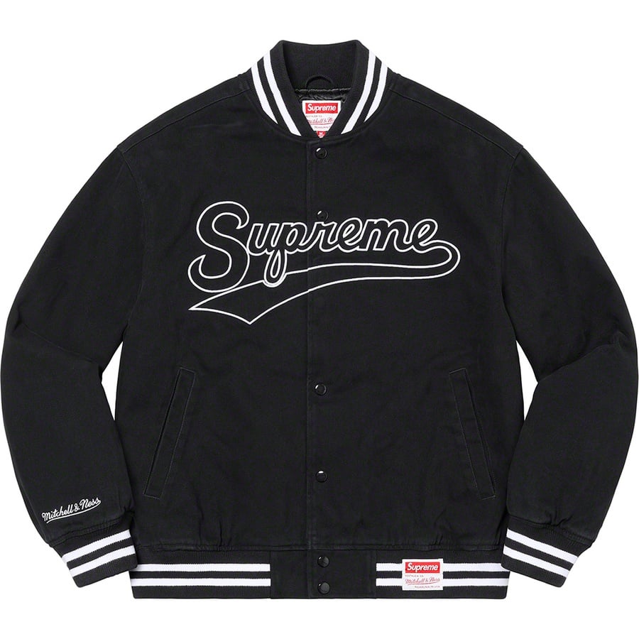 Details on Supreme Mitchell & Ness Doughboy Twill Varsity Jacket Black from fall winter
                                                    2022 (Price is $368)