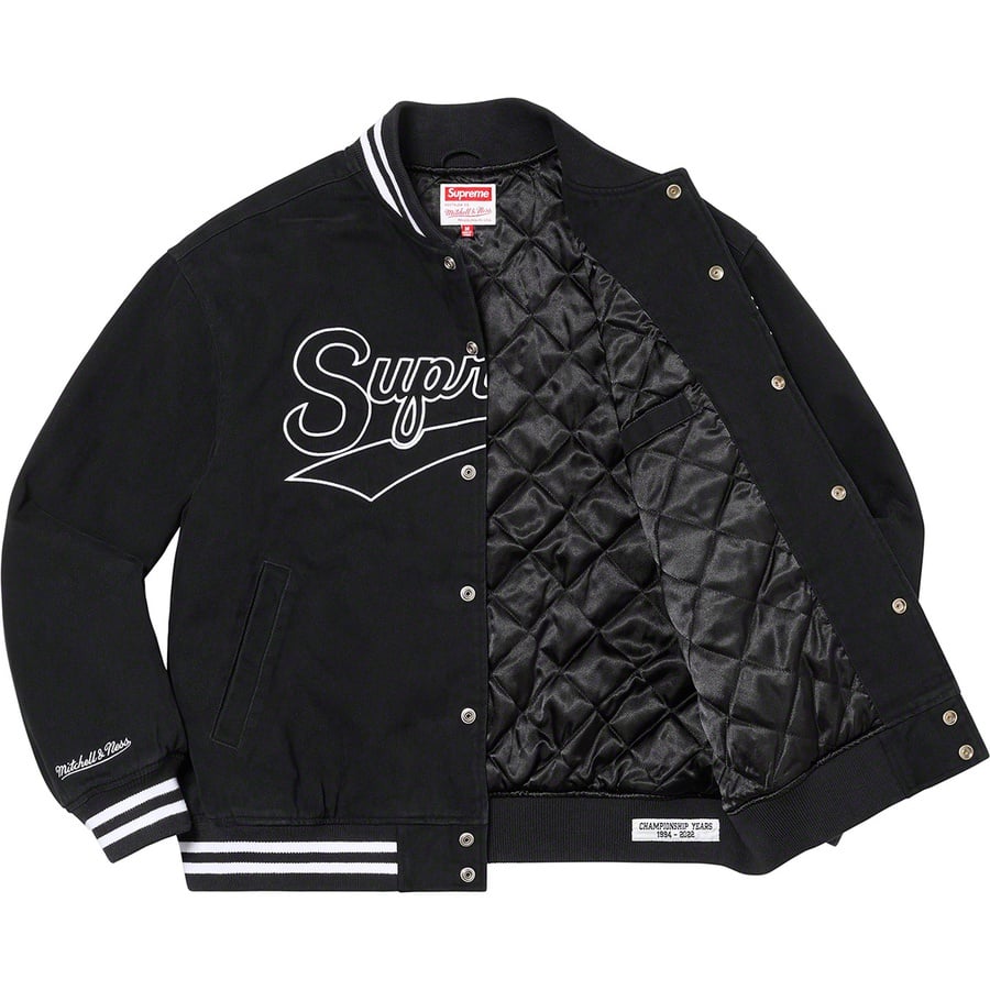 Details on Supreme Mitchell & Ness Doughboy Twill Varsity Jacket Black from fall winter
                                                    2022 (Price is $368)