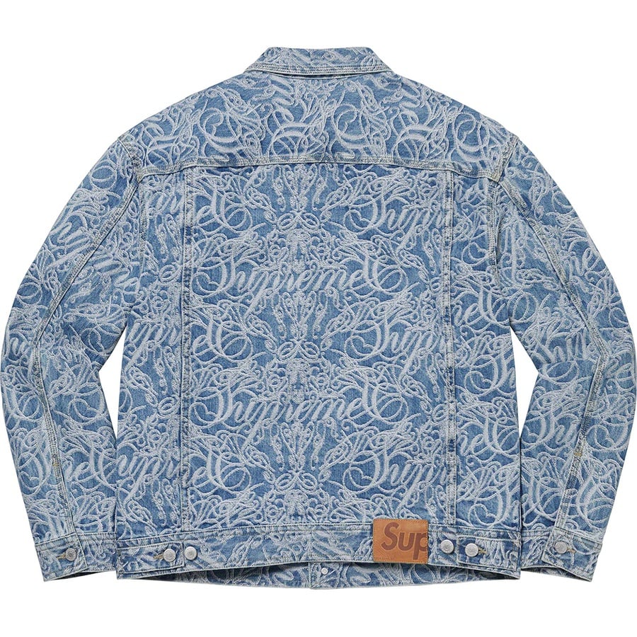 Details on Script Jacquard Denim Trucker Jacket Washed Blue from fall winter
                                                    2022 (Price is $268)
