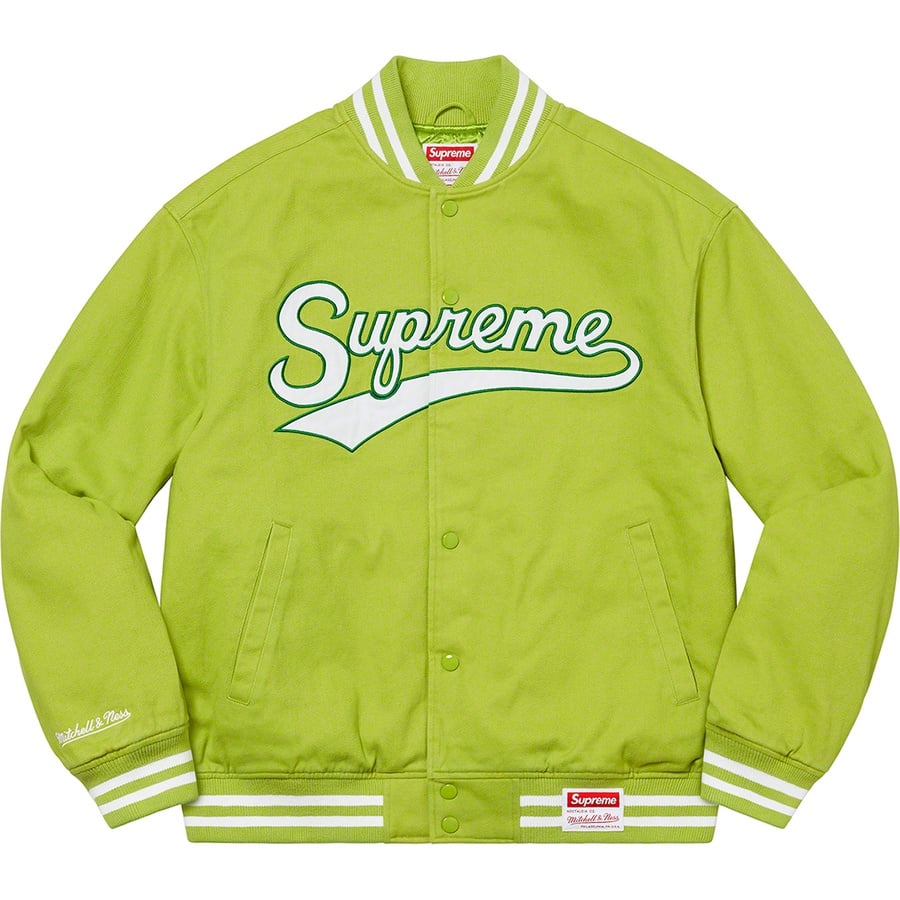 Details on Supreme Mitchell & Ness Doughboy Twill Varsity Jacket Green from fall winter 2022 (Price is $368)
