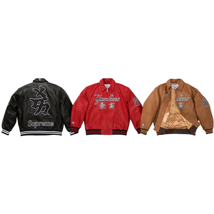 Supreme Supreme New York Yankees™ Kanji Leather Varsity Jacket releasing on Week 11 for fall winter 22