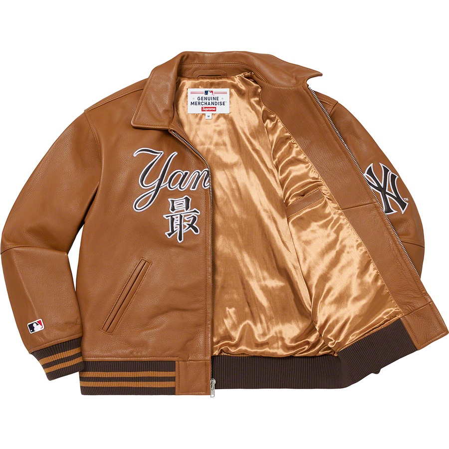 Details on Supreme New York Yankees™ Kanji Leather Varsity Jacket Brown from fall winter
                                                    2022 (Price is $898)