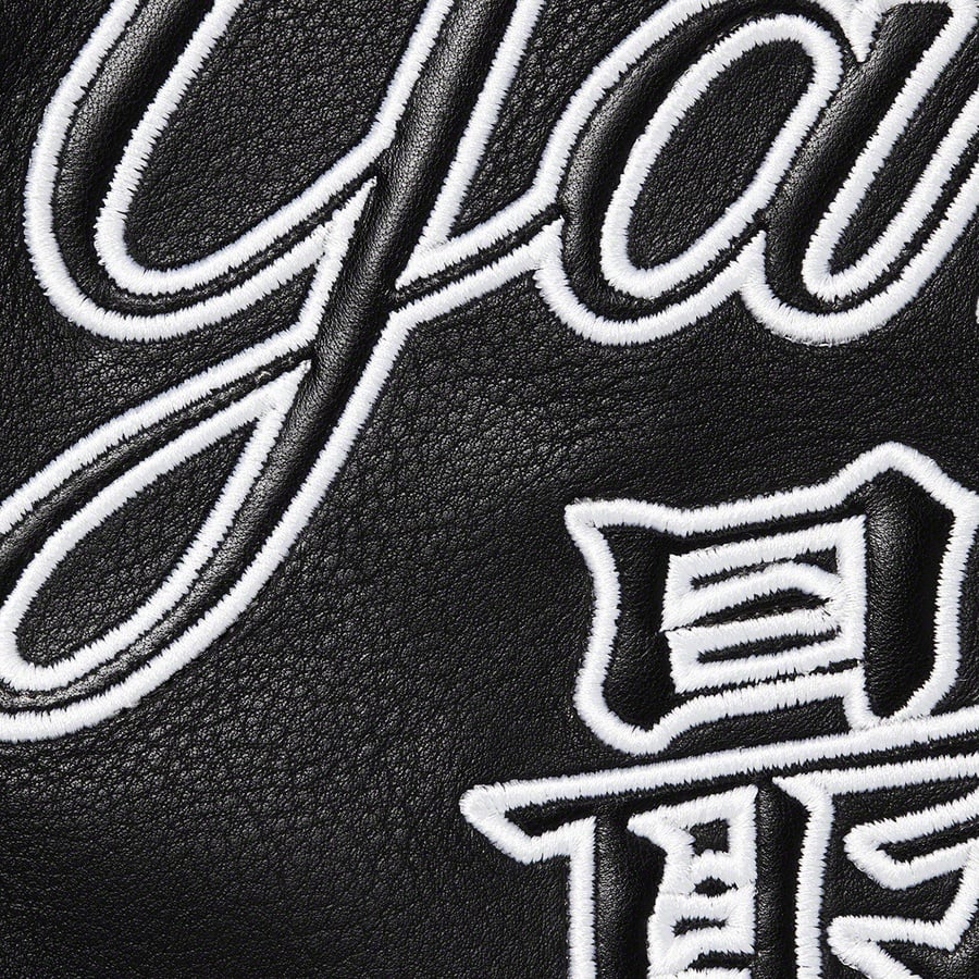Details on Supreme New York Yankees™ Kanji Leather Varsity Jacket Black from fall winter 2022 (Price is $898)