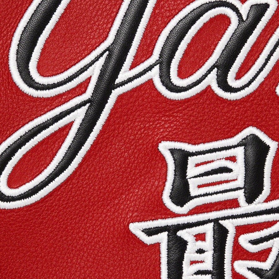 Details on Supreme New York Yankees™ Kanji Leather Varsity Jacket Red from fall winter 2022 (Price is $898)