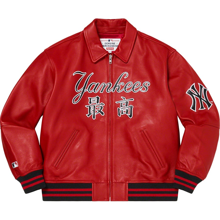 Details on Supreme New York Yankees™ Kanji Leather Varsity Jacket Red from fall winter
                                                    2022 (Price is $898)