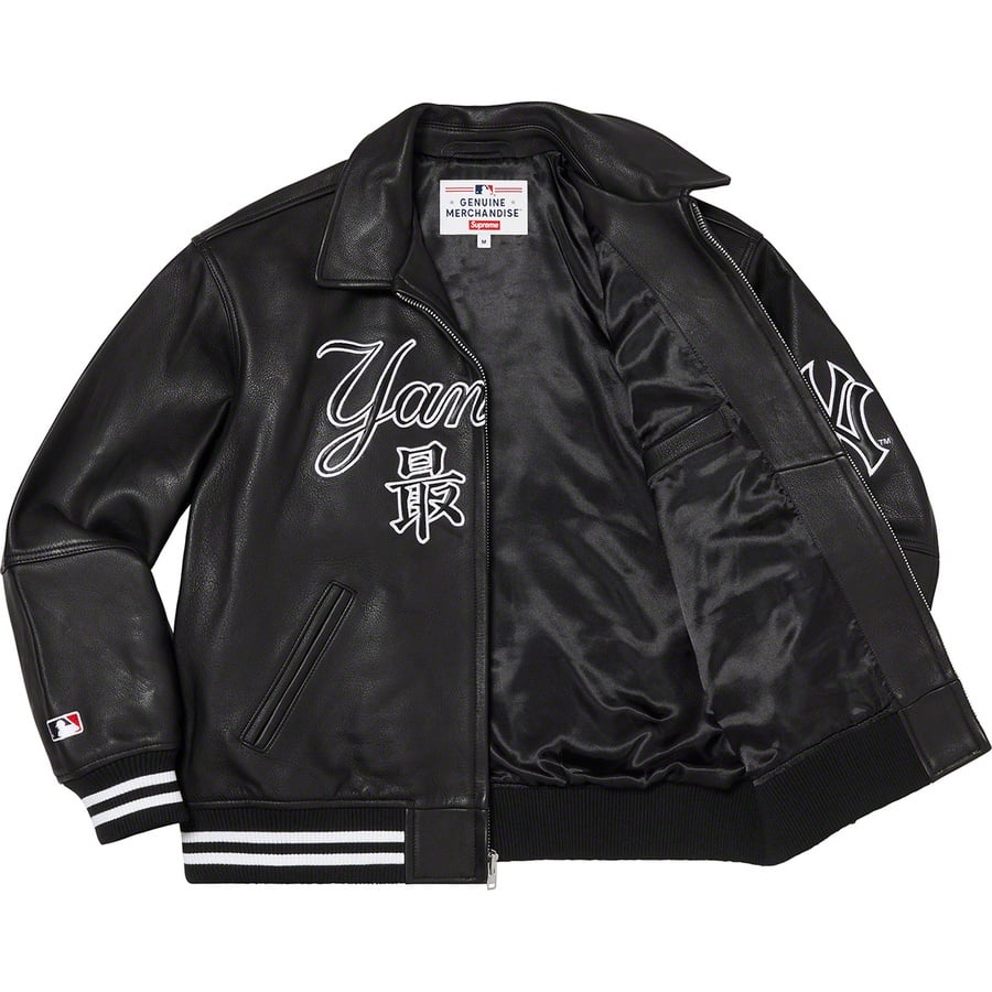 Details on Supreme New York Yankees™ Kanji Leather Varsity Jacket Black from fall winter 2022 (Price is $898)