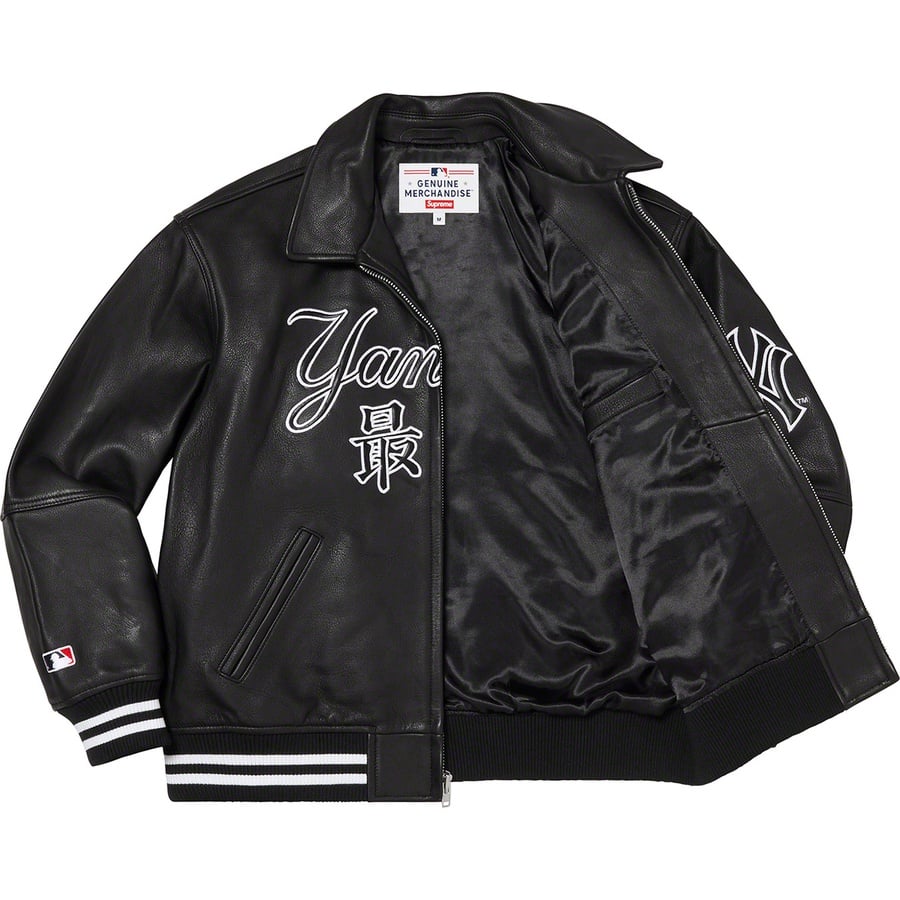 Details on Supreme New York Yankees™ Kanji Leather Varsity Jacket Black from fall winter
                                                    2022 (Price is $898)