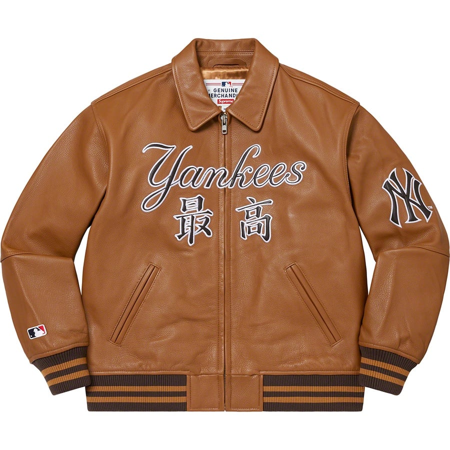 Details on Supreme New York Yankees™ Kanji Leather Varsity Jacket Brown from fall winter 2022 (Price is $898)