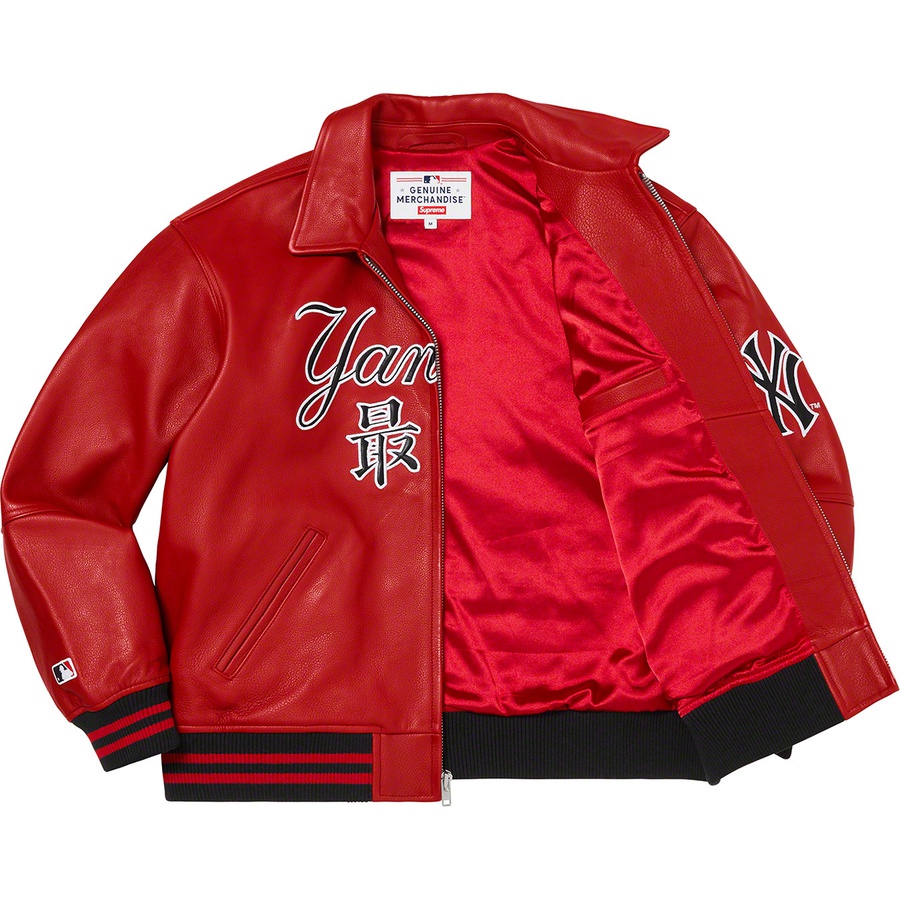 Details on Supreme New York Yankees™ Kanji Leather Varsity Jacket Red from fall winter 2022 (Price is $898)