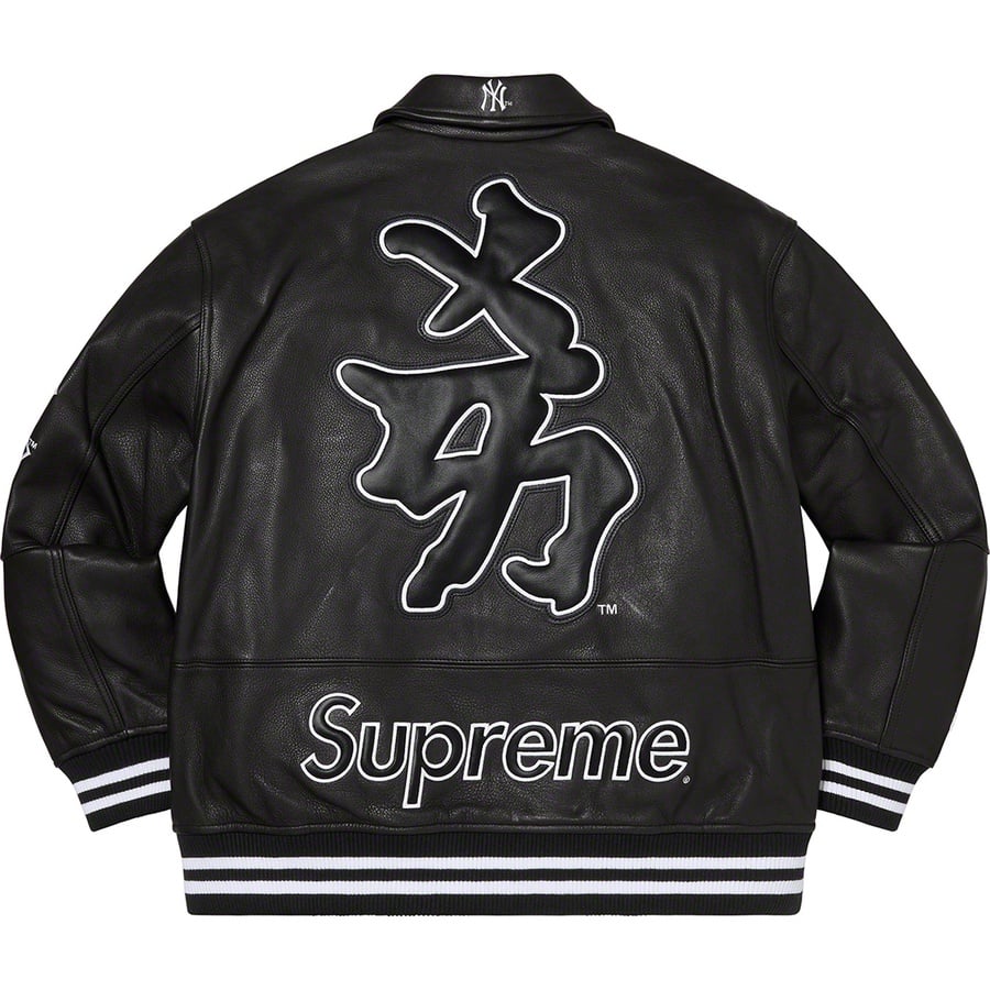 Details on Supreme New York Yankees™ Kanji Leather Varsity Jacket Black from fall winter
                                                    2022 (Price is $898)