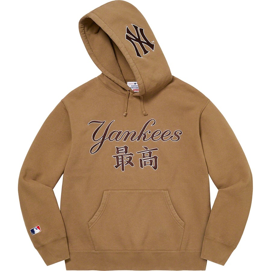 Details on Supreme New York Yankees™ Kanji Hooded Sweatshirt Dark Khaki from fall winter 2022 (Price is $178)