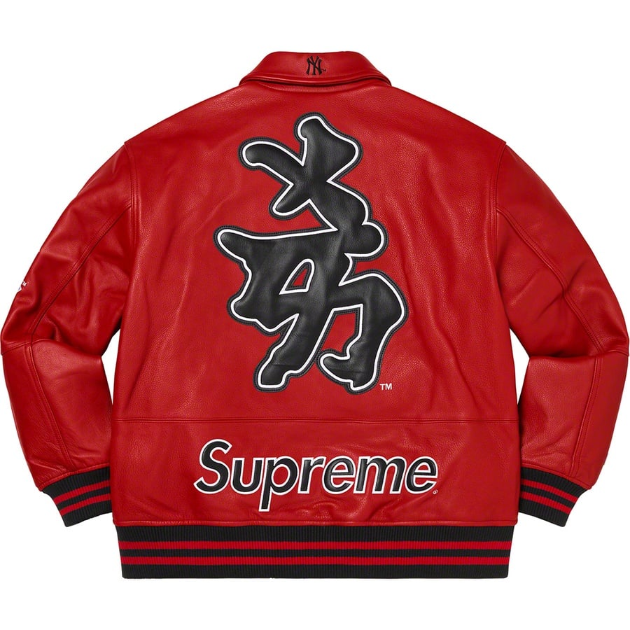 Details on Supreme New York Yankees™ Kanji Leather Varsity Jacket Red from fall winter
                                                    2022 (Price is $898)