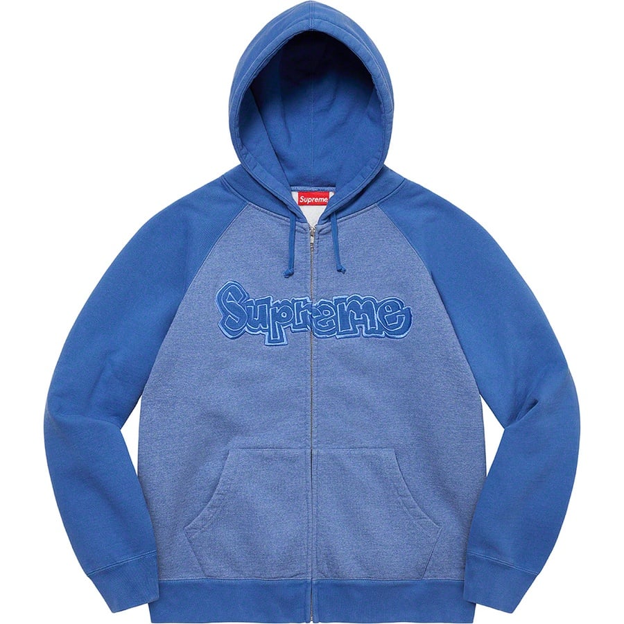 Details on Gonz Appliqué Zip Up Hooded Sweatshirt Washed Royal from fall winter 2022 (Price is $168)
