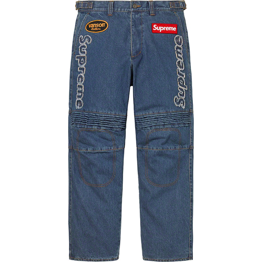 Details on Supreme Vanson Leathers Cordura Denim Racing Pant Blue from fall winter
                                                    2022 (Price is $398)