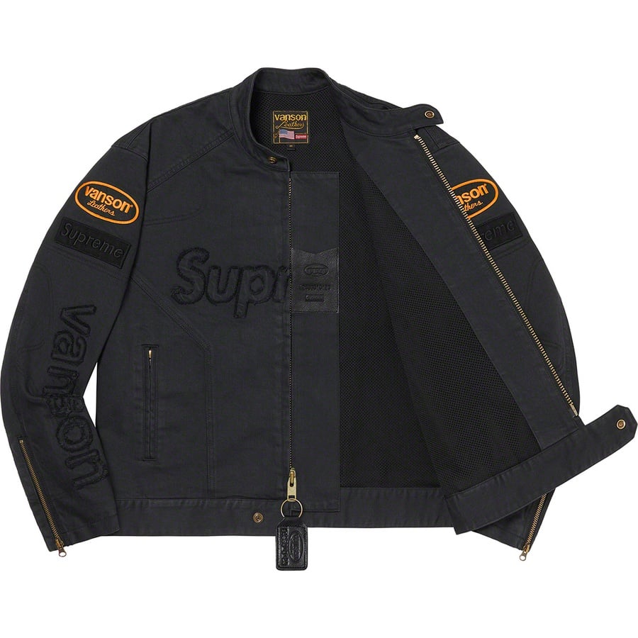 Details on Supreme Vanson Leathers Cordura Denim Jacket Black from fall winter 2022 (Price is $498)