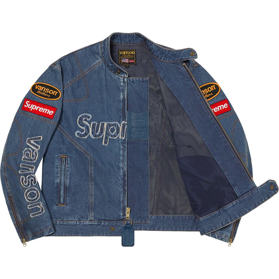 Details on Supreme Vanson Leathers Cordura Denim Jacket Blue from fall winter 2022 (Price is $498)