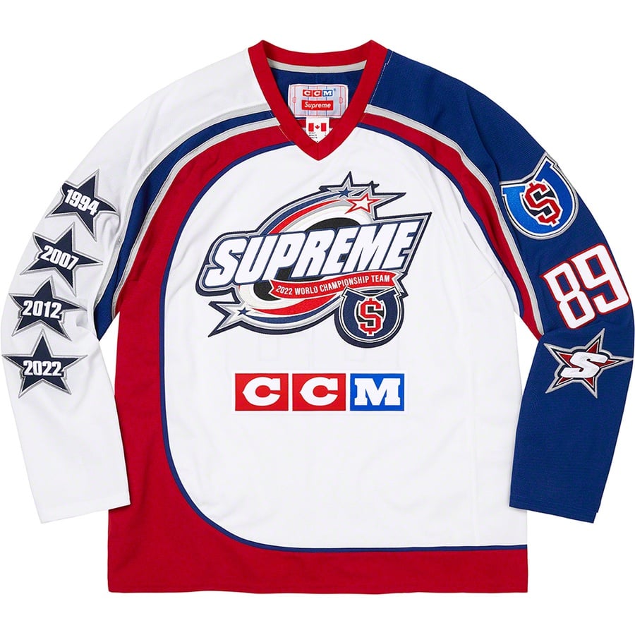 Details on Supreme CCM All Stars Hockey Jersey White from fall winter 2022 (Price is $248)