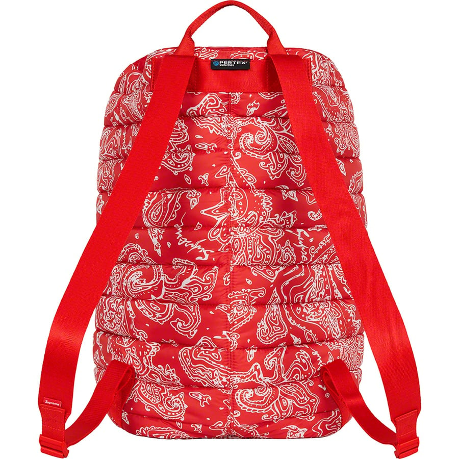 Details on Puffer Backpack Red Paisley from fall winter 2022 (Price is $128)