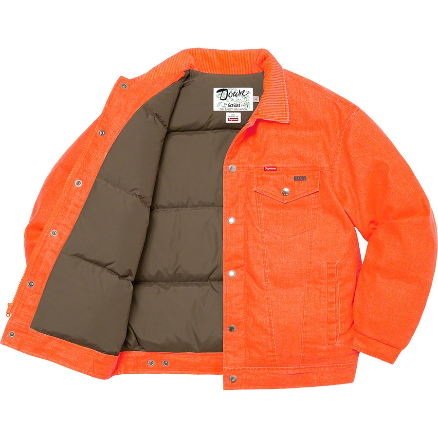 Details on Supreme Schott Canvas Down Trucker Jacket Neon Orange from fall winter
                                                    2022 (Price is $338)