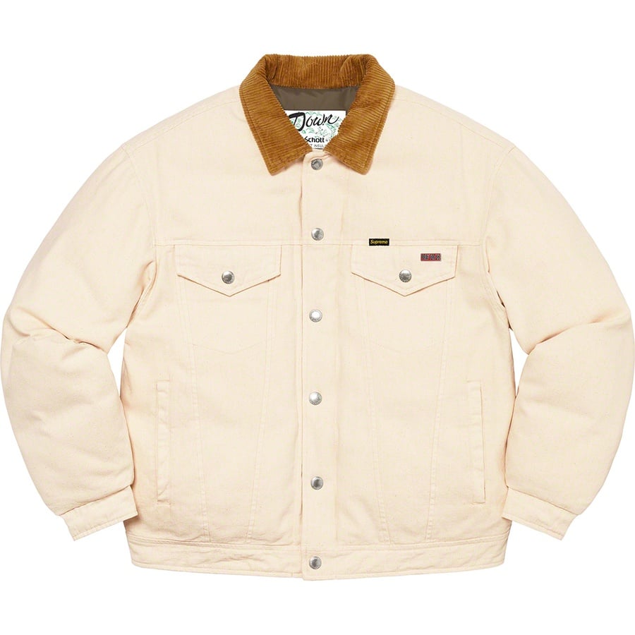 Details on Supreme Schott Canvas Down Trucker Jacket Natural from fall winter
                                                    2022 (Price is $338)