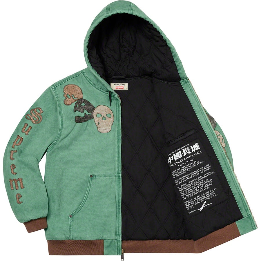 Details on Supreme The Great China Wall Hooded Work Jacket Washed Green from fall winter
                                                    2022 (Price is $398)