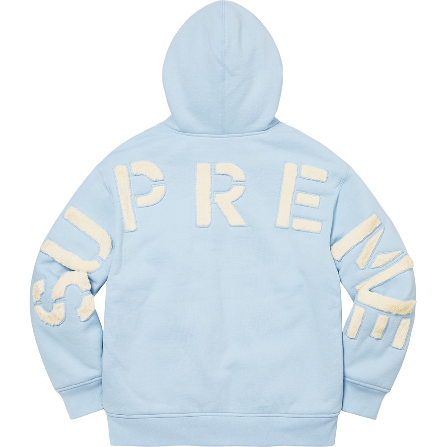 Details on Faux Fur Lined Zip Up Hooded Sweatshirt Light Blue from fall winter 2022 (Price is $198)