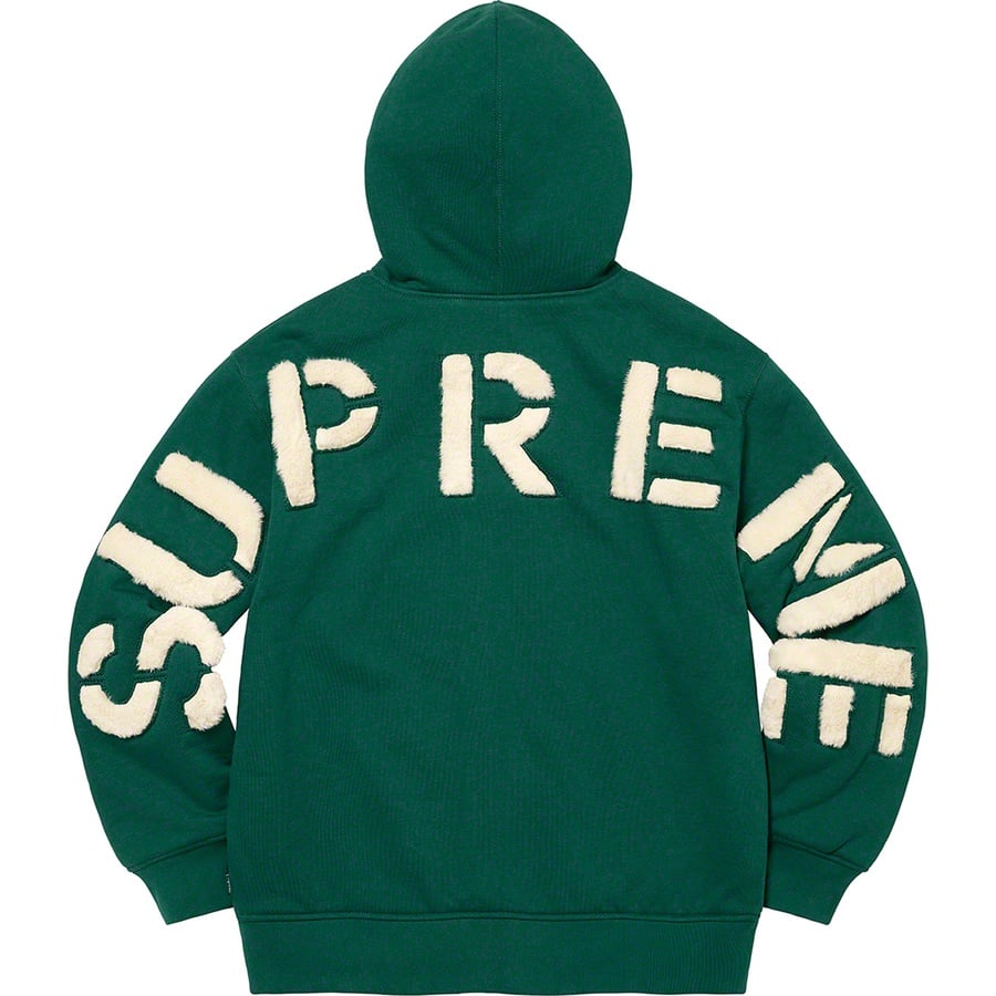 Details on Faux Fur Lined Zip Up Hooded Sweatshirt Dark Green from fall winter 2022 (Price is $198)